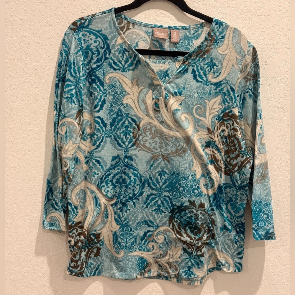 Chico's Teal & Brown Printed Long-Sleeve V-Notch Top
